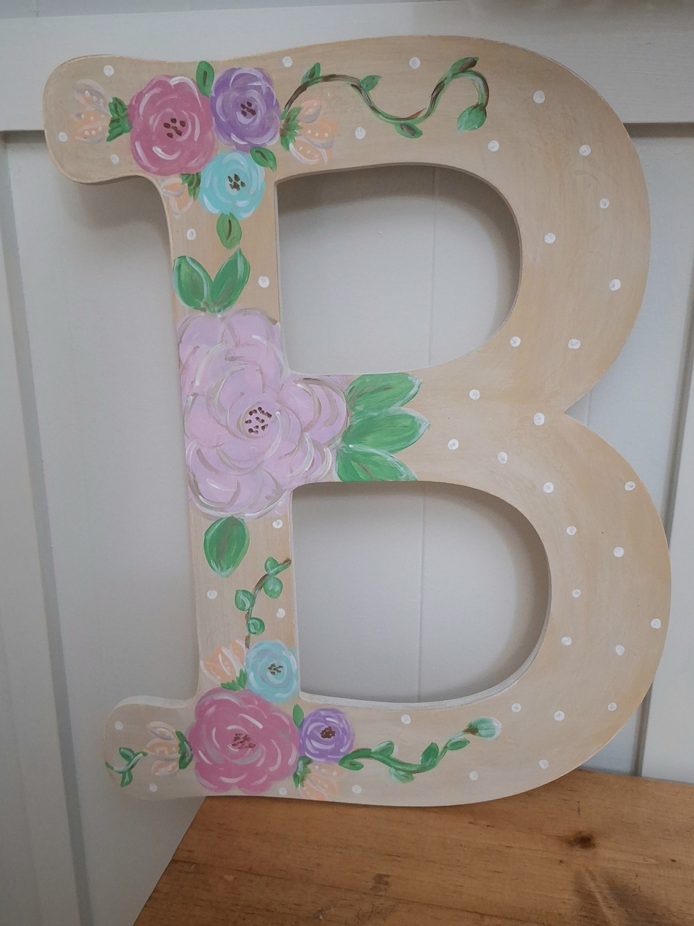 Handpainted Floral Wooden Letter B - Pastel Pink & Mint